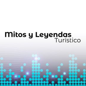 El texto en español reza "Mitos y Leyendas Turístico" sobre fondo blanco, con puntos azules y turquesas formando ondas en la parte inferior, inspiradas en Estaciones Guática.