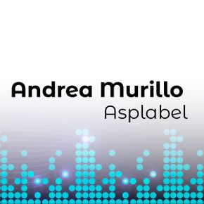 El texto Andrea Murillo Asplabel aparece sobre un patrón de ecualización digital de puntos azules sobre un fondo de degradado blanco y gris, evocando sutilmente los ritmos y las vibraciones de Estaciones Belén de Umbría.