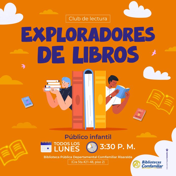 Ilustración para un club de lectura infantil, Exploradores de Libros, que muestra a niños leyendo libros gigantes. ¡Únete a nosotros los lunes a las 3:30 PM en la Biblioteca Pública Comfamiliar Risaralda y explora la magia de los cuentos en Risaralda!.