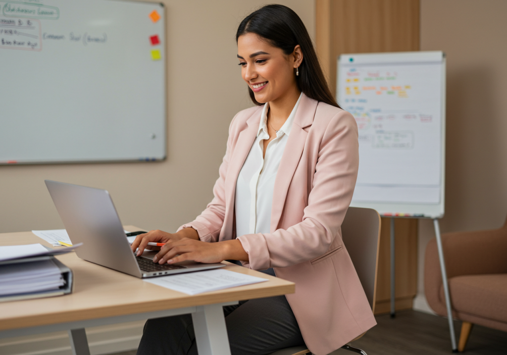 Una mujer vestida con una americana rosa claro está sentada en un escritorio, sonriendo mientras teclea en un portátil. Detrás de ella hay una pizarra blanca y un rotafolio con notas, lo que sugiere que está realizando tareas de actualización o asistencia administrativa en una oficina o sala de reuniones moderna.