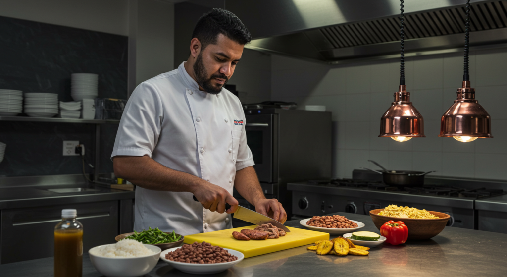 En una cocina profesional, un cocinero con uniforme blanco, que exhibe competencias de técnico laboral, corta carne cocida sobre una tabla de cortar amarilla, rodeado de cuencos con alubias, arroz, verduras, plátanos y un pimiento rojo.