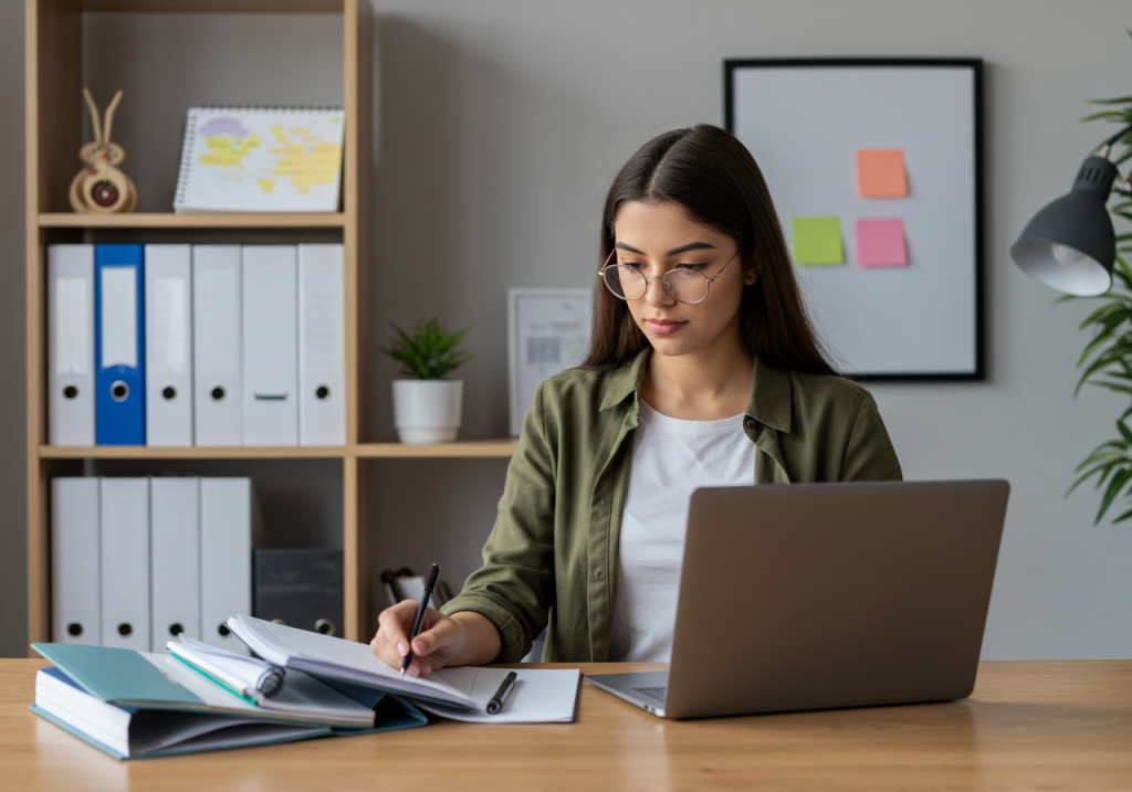 Una mujer de pelo castaño largo y gafas está sentada en un escritorio, escribiendo en un cuaderno mientras utiliza un ordenador portátil. Rodeada de carpetas y material de oficina, desarrolla competencias clave para técnico laboral en operaciones logísticas. Al fondo, una estantería.