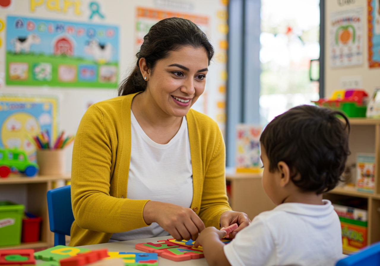 Una mujer con jersey amarillo sonríe mientras ayuda a un niño pequeño con coloridos juguetes didácticos en una mesa de una luminosa aula de didáctica educativa. Carteles y juguetes educativos llenan el fondo.
