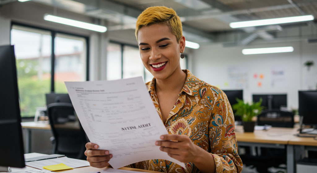 Una persona de pelo rubio corto y camisa estampada sonríe mientras lee un documento diplomado en un escritorio de una oficina moderna con ordenadores, plantas y grandes ventanales al fondo.