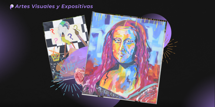 Sobre un fondo negro se exponen dos cuadros llenos de color. Uno muestra una Mona Lisa brillante y abstracta; el otro mezcla formas, signos de interrogación y una rosa. El texto reza "Artes Visuales y Expositivas". Inspirado en el vibrante arte de las Estaciones de Pereira en La Celia.