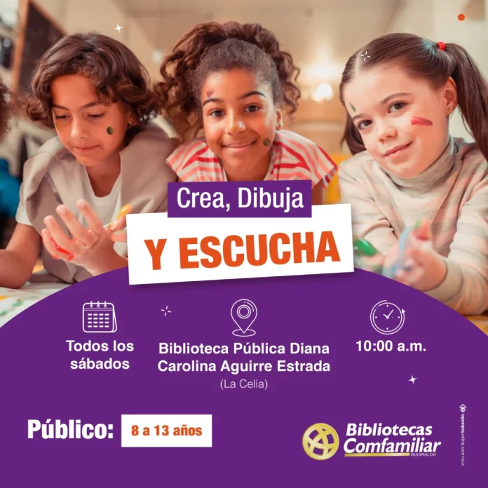 Tres niños sentados en una mesa dibujando con lápices de colores. Acompáñanos este sábado en un evento creativo en la Biblioteca Pública Comfamiliar de La Celia, para niños de 8 a 13 años, a partir de las 10:00 h.