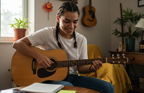 Una persona con el pelo trenzado sonríe mientras toca una guitarra acústica, sentada en un interior cerca de una ventana. Hay un cuaderno sobre la mesa, una manta amarilla sobre una silla y una guitarra colgada de la pared.