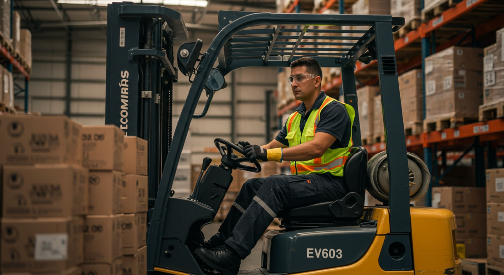 Un trabajador de almacén con certificación de montacargas, con chaleco de seguridad, guantes y gafas, maneja una carretilla elevadora entre cajas de cartón apiladas y estanterías llenas de existencias en un almacén.