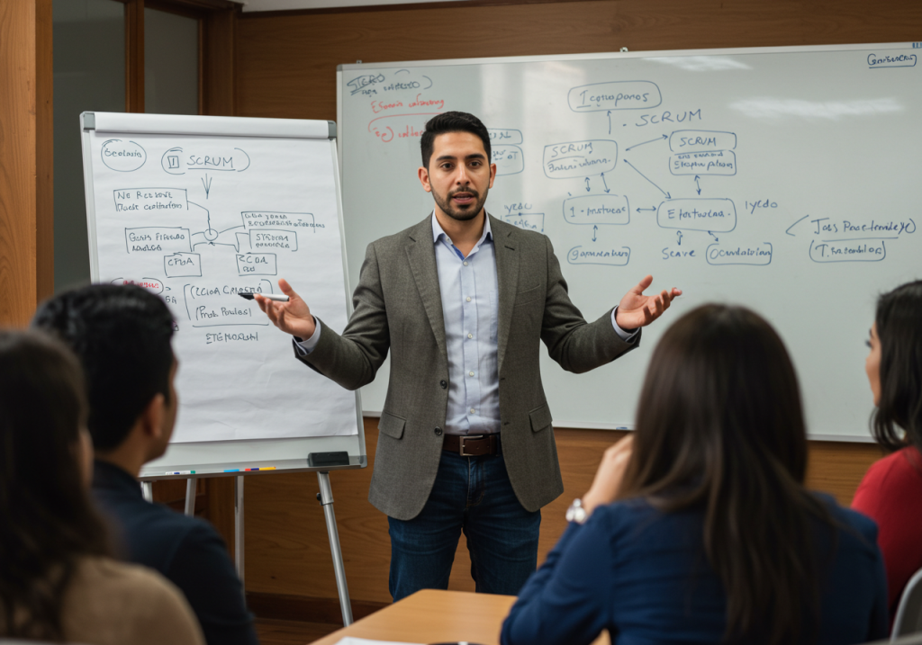 Un hombre está de pie delante de una pizarra blanca y un rotafolio, utilizando didáctica educativa para explicar conceptos de Scrum a un grupo de personas durante una reunión o taller. En ambas pizarras se ven diagramas y notas.