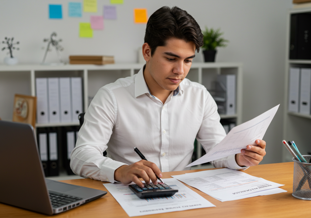 Un joven técnico laboral con camisa blanca se sienta en un escritorio con un ordenador portátil, utilizando una calculadora y sosteniendo documentos-mostrando competencias en operaciones logísticas. Papeles, material de oficina, estanterías y notas adhesivas de colores llenan el fondo.