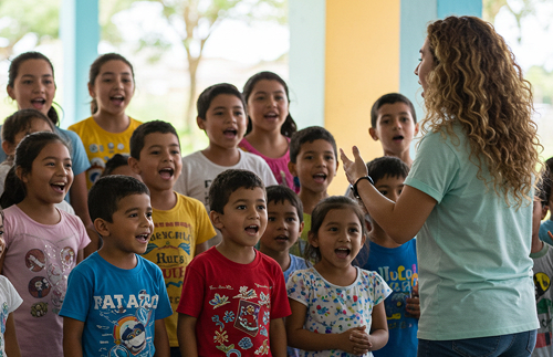 Un grupo de niños del Coro Preinfantil permanecen juntos, sonrientes y cantando, mientras una mujer de pelo rizado los dirige en un escenario interior con pilares de colores.