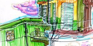 Colorido dibujo a rotulador de edificios verdes y naranjas brillantes con balcones y contraventanas, atravesados por líneas eléctricas negras; un cielo púrpura y rosa vibrante evoca el espíritu de Pereira dibujada en Cómic sin Fronteras 2025.