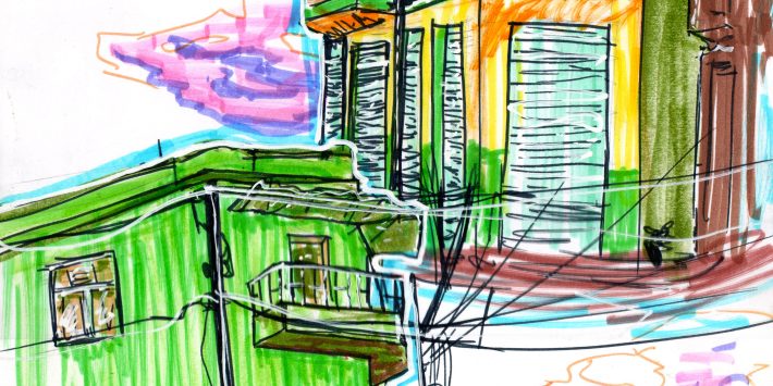 Colorido dibujo a rotulador de edificios verdes y naranjas brillantes con balcones y contraventanas, atravesados por líneas eléctricas negras; un cielo púrpura y rosa vibrante evoca el espíritu de Pereira dibujada en Cómic sin Fronteras 2025.