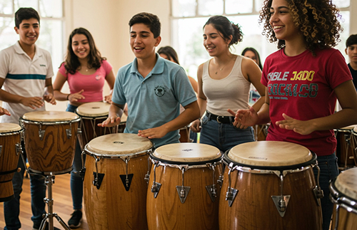 Un grupo de adolescentes sonrientes tocan en fila los tambores de conga en un aula luminosa, disfrutando de la música como parte de un animado Ensamble de Percusión.
