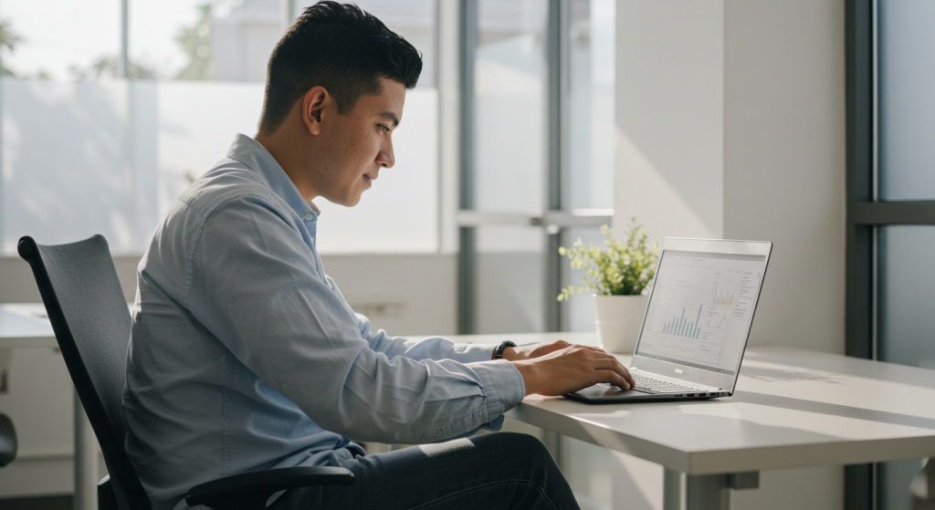 Un joven con camisa azul claro está sentado en un escritorio, trabajando en un ordenador portátil que muestra tablas y gráficos. La luz del sol entra a raudales por grandes ventanales, y una pequeña planta está sobre el escritorio, a su lado.