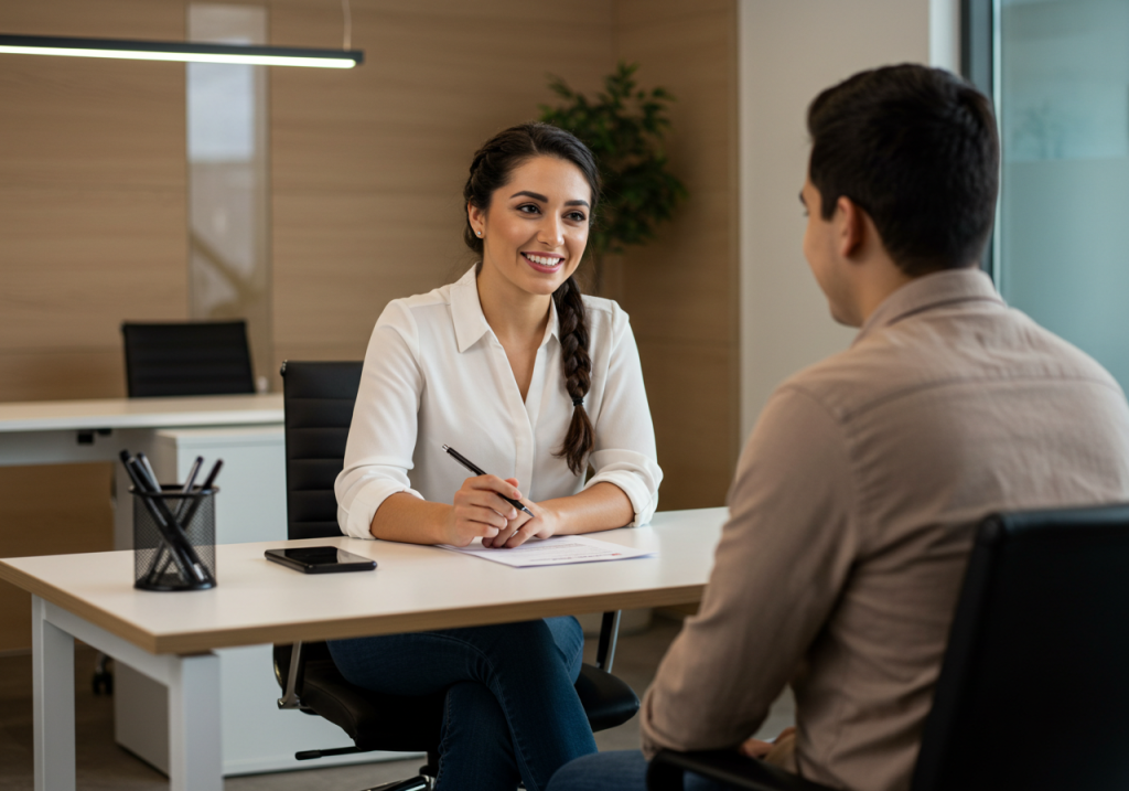 Una mujer está sentada en la mesa de una oficina, sonríe y sostiene un bolígrafo mientras habla de selección de personal con un hombre. Sobre el escritorio hay papeles, un teléfono y un portabolígrafos mientras comparten una conversación amistosa.