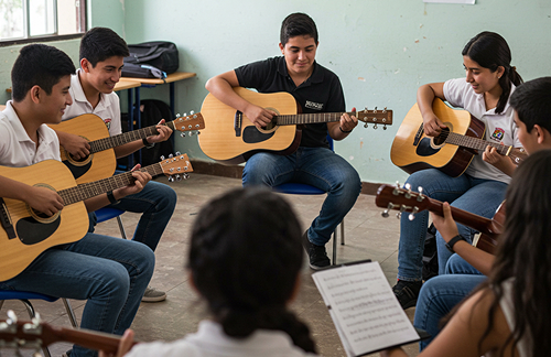 Un grupo de estudiantes se sienta en círculo a tocar la guitarra acústica en un aula. Parecen seguir partituras, con una persona dirigiendo al grupo. El aula tiene paredes de color verde pálido y una ventana.