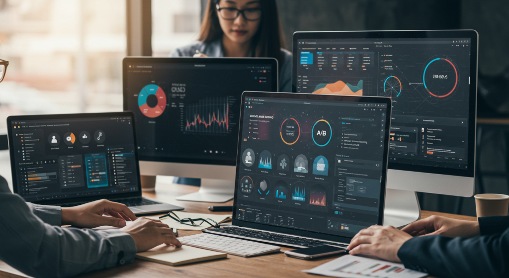 Tres personas trabajan en un escritorio con varios monitores que muestran coloridos paneles de datos, cuadros y gráficos en una oficina moderna, colaborando en estrategias de marketing digital avanzado utilizando herramientas de marketing digital.