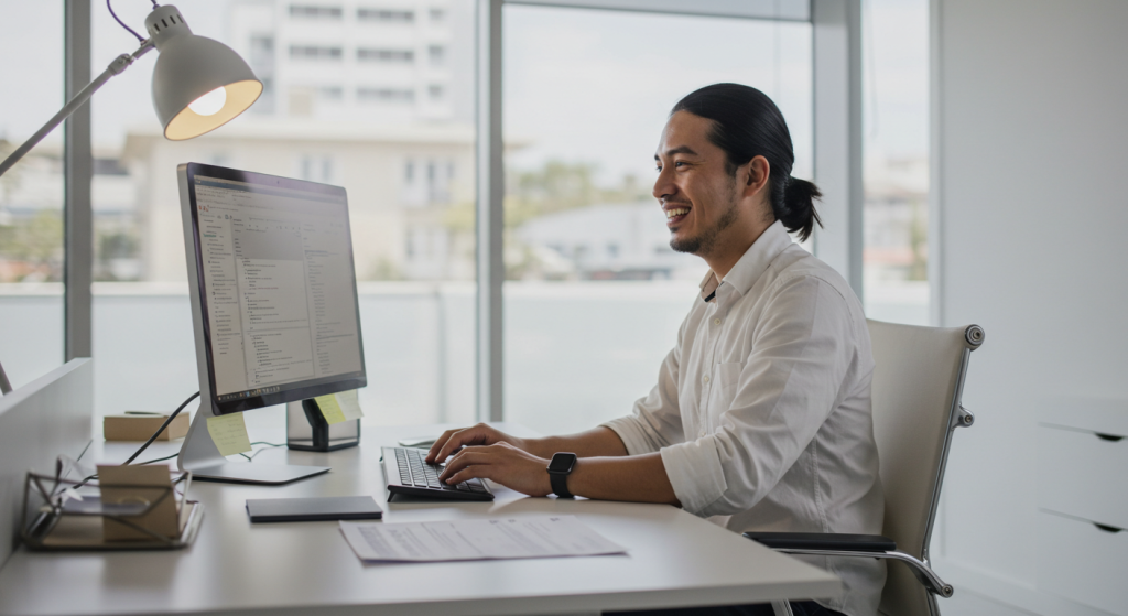 Un hombre con camisa blanca se sienta en un escritorio de una luminosa oficina, sonríe al monitor de su ordenador mientras teclea con herramientas ofimáticas. En el ordenado espacio de trabajo se ven papeles, cuadernos y una lámpara de escritorio.