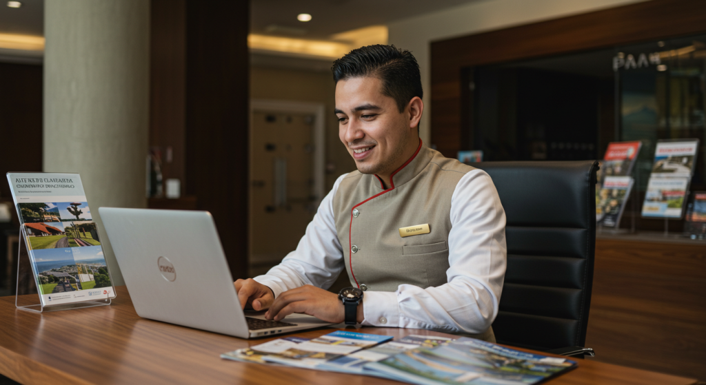 Una recepcionista de hotel de uniforme sonríe mientras trabaja con un ordenador portátil en la recepción, mostrando competencias clave en atención al cliente, con folletos e información sobre viajes expuestos en el mostrador.