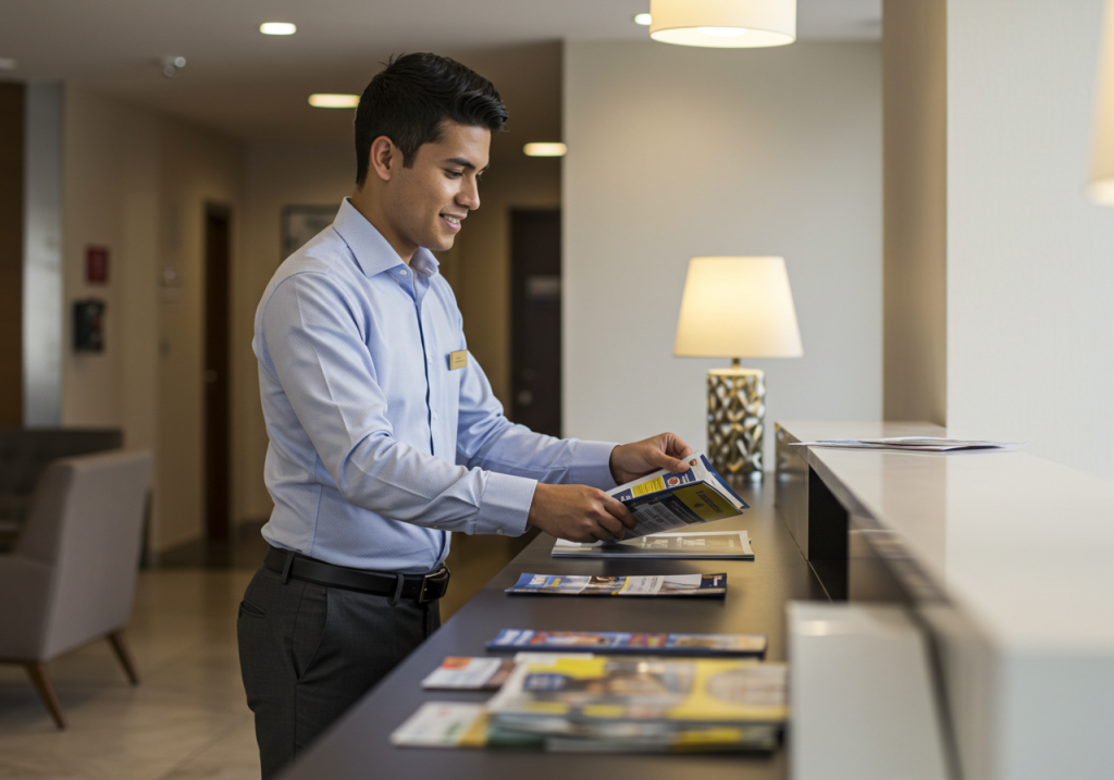Una recepcionista de hotel con camisa azul claro se encuentra en la recepción, sonriendo mientras dispone folletos sobre didáctica educativa en el mostrador de un vestíbulo de hotel bien iluminado.