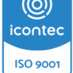 Distintivo de certificación Icontec, azul y blanco, con logotipo Icontec, ISO 9001 en negrita y código de referencia SC - 3332-4 en la parte inferior, para la Biblioteca Pública Municipal Isaías Naranjo.