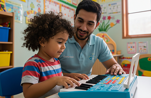 Un niño pequeño explora un teclado de juguete durante una sesión de iniciación musical, mientras un adulto, posiblemente un profesor, se sienta a su lado en una colorida aula, ofreciéndole ánimos y una suave orientación.
