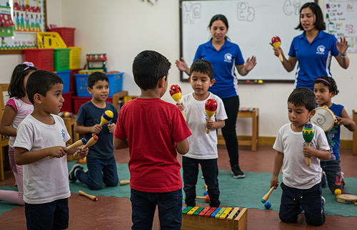 Los niños pequeños disfrutan de la iniciación musical mientras tocan maracas y baquetas alrededor de un xilófono en el aula, guiados y animados por dos profesores al frente.