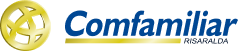 Logotipo de Comfamiliar Risaralda, con un diseño abstracto de un globo terráqueo amarillo a la izquierda y las palabras Comfamiliar Risaralda en letras azules y grises a la derecha, ideal para encabezados de personajes o marcas comerciales.