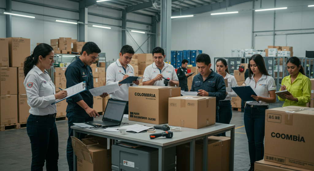 Un grupo de empleados de almacén con competencias en operaciones logísticas, de pie alrededor de una mesa con cajas, documentos y un ordenador portátil, discuten sobre el papeleo y comprueban el inventario dentro de un almacén grande y bien iluminado.