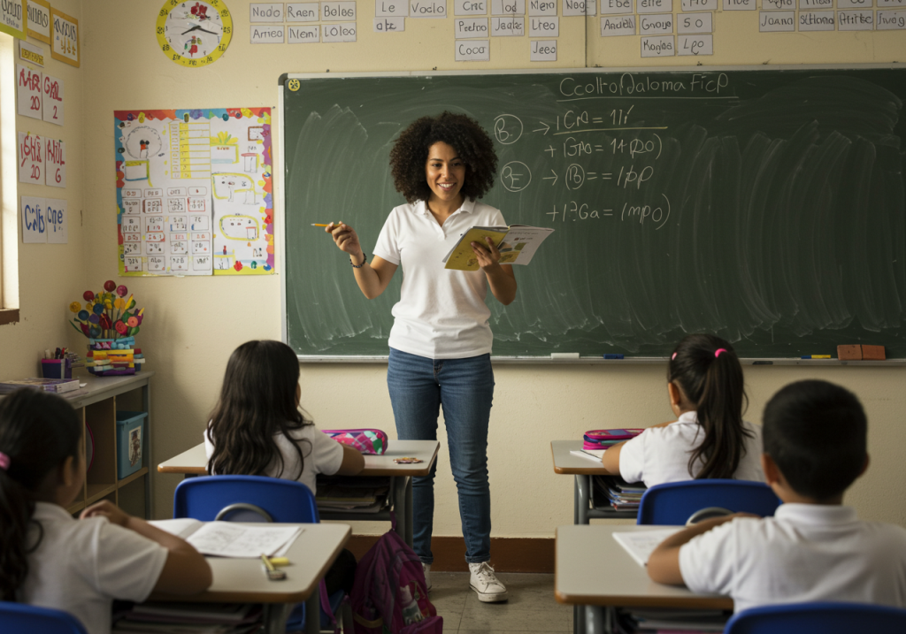 Una profesora sonríe al frente de un aula, con un libro en la mano y señalando una pizarra con ecuaciones matemáticas, mientras los alumnos se sientan en pupitres frente a ella: una inspiradora escena de didáctica educativa en acción.