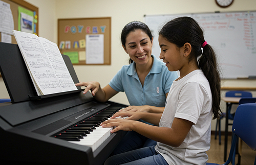 Una niña toca un piano eléctrico mientras una mujer, posiblemente su profesora, está sentada a su lado sonriéndole y guiándola en un aula con una pizarra y carteles de fondo.