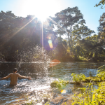 Una persona se sumerge hasta la cintura en un río de los Termales de San Vicente, chapoteando bajo la luz del sol. Los árboles y la densa vegetación rodean el río, y la luz del sol se cuela entre las hojas, creando una escena tranquila y natural.
