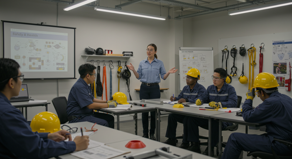 Una mujer dirige una sesión de formación didáctica sobre seguridad y salud para cinco trabajadores con cascos y uniformes, con equipos de seguridad expuestos y una presentación proyectada en la pared.