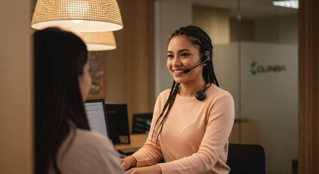 Una mujer sonriente con auriculares está sentada en un escritorio, demostrando inteligencia emocional mientras presta servicio al cliente. Habla con otra persona frente a ella en una oficina, con un ordenador portátil y una puerta de cristal con un logotipo borroso al fondo.