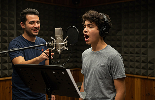 Un joven con auriculares canta ante un micrófono en un estudio de grabación, mientras otro hombre a su lado sonríe y gesticula, posiblemente dando instrucciones o consejos sobre técnica vocal o canto.