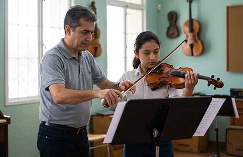 Un hombre enseña a una niña a tocar el violín en un aula de música. La niña sostiene el violín y el arco mientras el hombre le guía la mano. De la pared del fondo cuelgan atriles e instrumentos de cuerda.