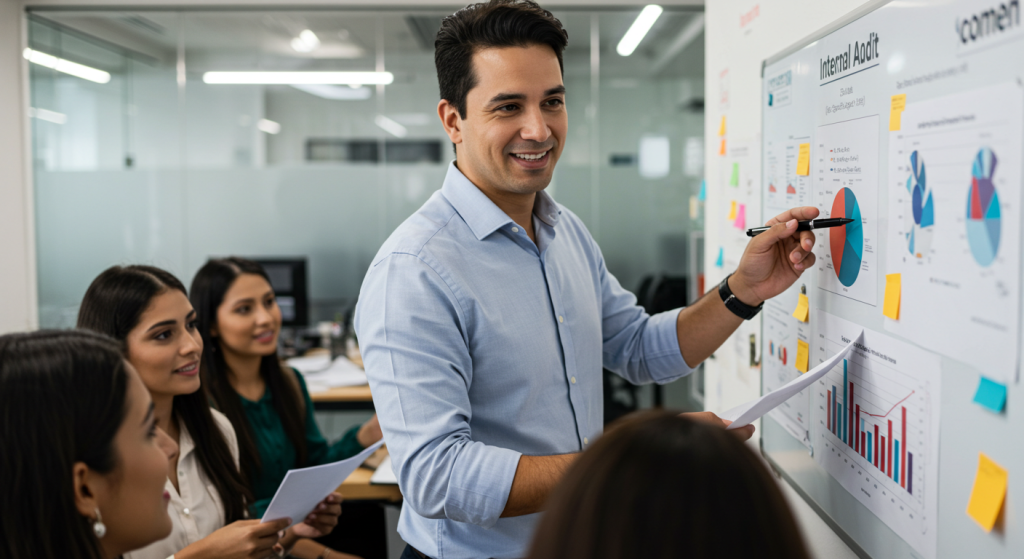 Un hombre, de pie junto a una pizarra con tablas y gráficos, con un rotulador y papel en la mano, sonríe mientras presenta un diplomado sobre didáctica educativa a cuatro colegas sentados a su alrededor en una moderna sala de reuniones de oficina.