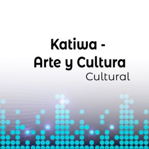 Fondo blanco con Katiwa - Arte y Cultura Cultural y Estaciones Guática escritos en texto negro. La parte inferior muestra un motivo de ecualizador pixelado en azul y cian que se desvanece hacia arriba.