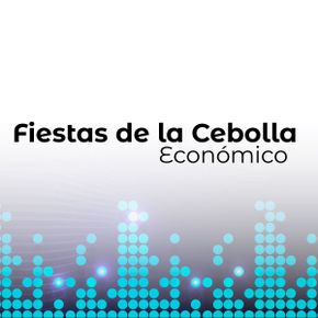 El texto reza Fiestas de la Cebolla Económica en letras negras sobre un fondo degradado, con motivos punteados azules que recuerdan ondas sonoras en la parte inferior, destacando 14 Estaciones Guática.