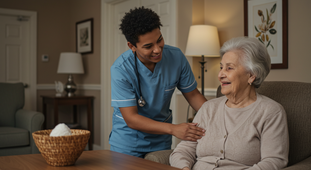 Una enfermera con bata azul, formada en el cuidado de personas mayores, sonríe y pone suavemente una mano en el hombro de una anciana sentada en un salón, creando un ambiente cálido y afectuoso. Una cesta está sobre la mesa junto a ellas.