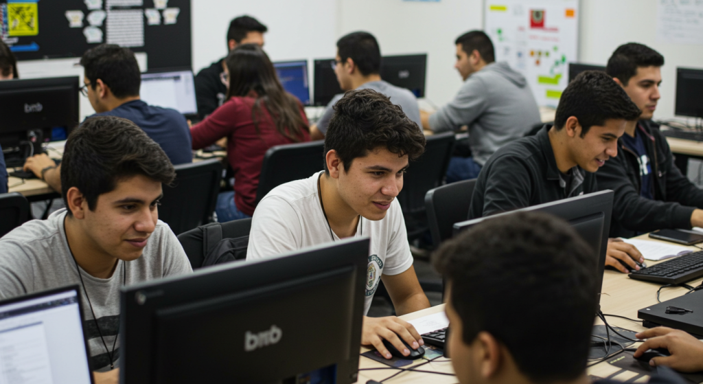 Un grupo de estudiantes se sienta en sus pupitres utilizando ordenadores de sobremesa en un aula, practicando didáctica educativa. La mayoría están concentrados en sus pantallas, trabajando o tecleando, mientras algunos discuten ideas con sus compañeros en parejas o en pequeños grupos.