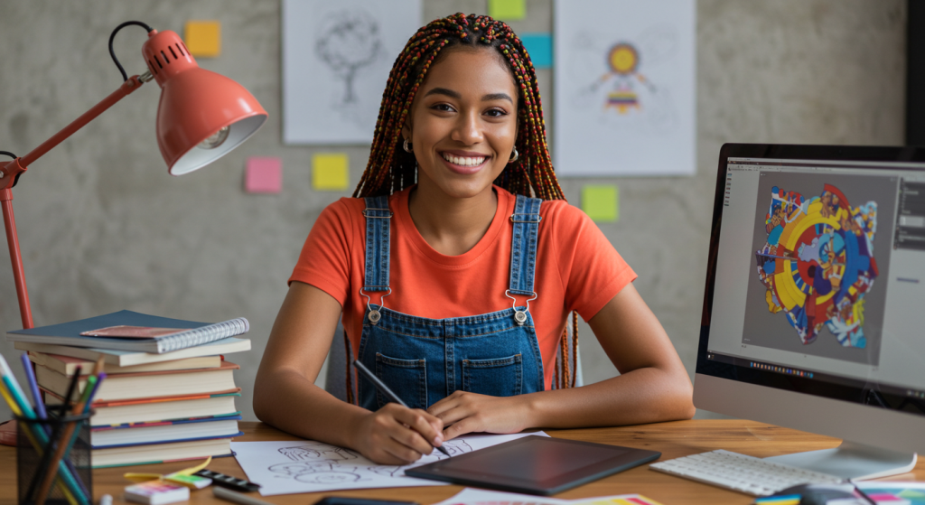 Una joven sonriente con el pelo trenzado está sentada ante un escritorio, dibujando en papel y en una tableta digital. Rodeada de libros de pedagogía, un ordenador con ilustraciones de colores y bocetos creativos, irradia inspiración educativa.