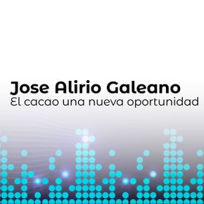Gráfico de texto con el nombre José Alirio Galeano y la frase El cacao una nueva oportunidad, con 14 estaciones Marsella sobre un motivo de barras de ondas sonoras azules y verde azulado sobre fondo degradado.