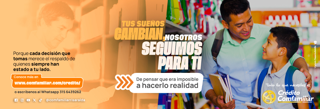 Un hombre sonriente y un niño hojean libros juntos en una biblioteca, con texto en español que destaca Crédito Confamiliar como la ventana hacia la realización de los sueños, ofreciendo ayuda financiera. Los datos de contacto aparecen a la izquierda.