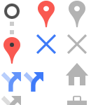 Iconos variados como flechas, estrellas, chinchetas de mapa, una X, una casa, un maletín, un lápiz y un símbolo de información en azul, gris, naranja y rojo evocan el estilo de la Biblioteca Pública Juan XXIII sobre un fondo claro.