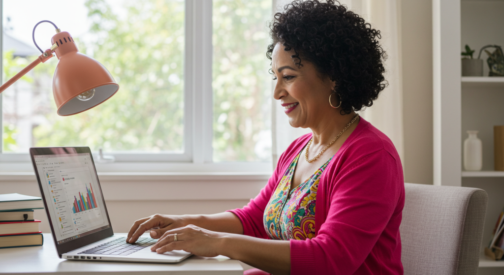 Una mujer sentada en un escritorio sonríe mientras trabaja con un ordenador portátil que muestra gráficos. Lleva una rebeca rosa y un top de colores, con libros de pedagogía y didáctica educativa a su lado, en un luminoso despacho doméstico.