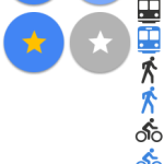 Una fila vertical de iconos circulares azules y grises con flechas y estrellas, junto a iconos negros y azules de coche, autobús, paseo, bicicleta y avión, ideal para la señalización de la Biblioteca Pública Municipal Juan XXIII.