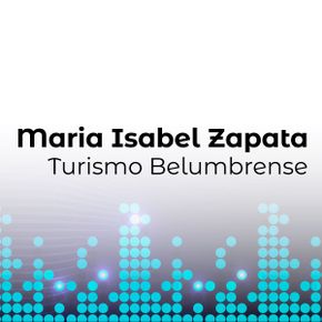 Logotipo con el texto María Isabel Zapata Turismo Belumbrense y Estaciones Belén de Umbría sobre un motivo ondulado de puntos digitales azules sobre fondo gris claro degradado.