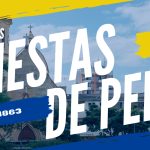 Pancarta promocionando las Fiestas de Pereira con texto en negrita blanca sobre un fondo de paisaje urbano; acentos amarillos resaltan "Última semana de agosto" y la fecha "30/08/1863." Logotipo de la Biblioteca Pública Hugo Ángel Jaramillo en la parte inferior derecha.